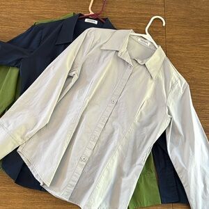 (3) womens dress shirts (gray, clover green and navy blue)
